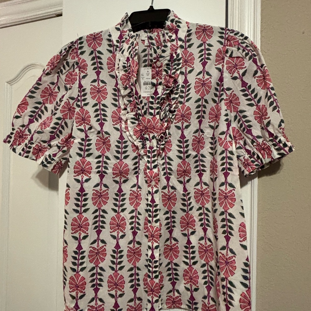 J. Crew Factory Red and Green Leaf Print Blouse